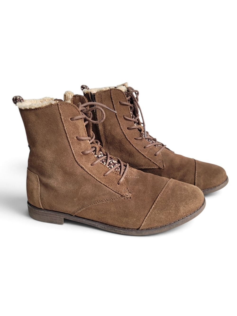 Toms Alpa Brown Suede Lace-Up Ankle Booties Faux Fur Lining Size 10